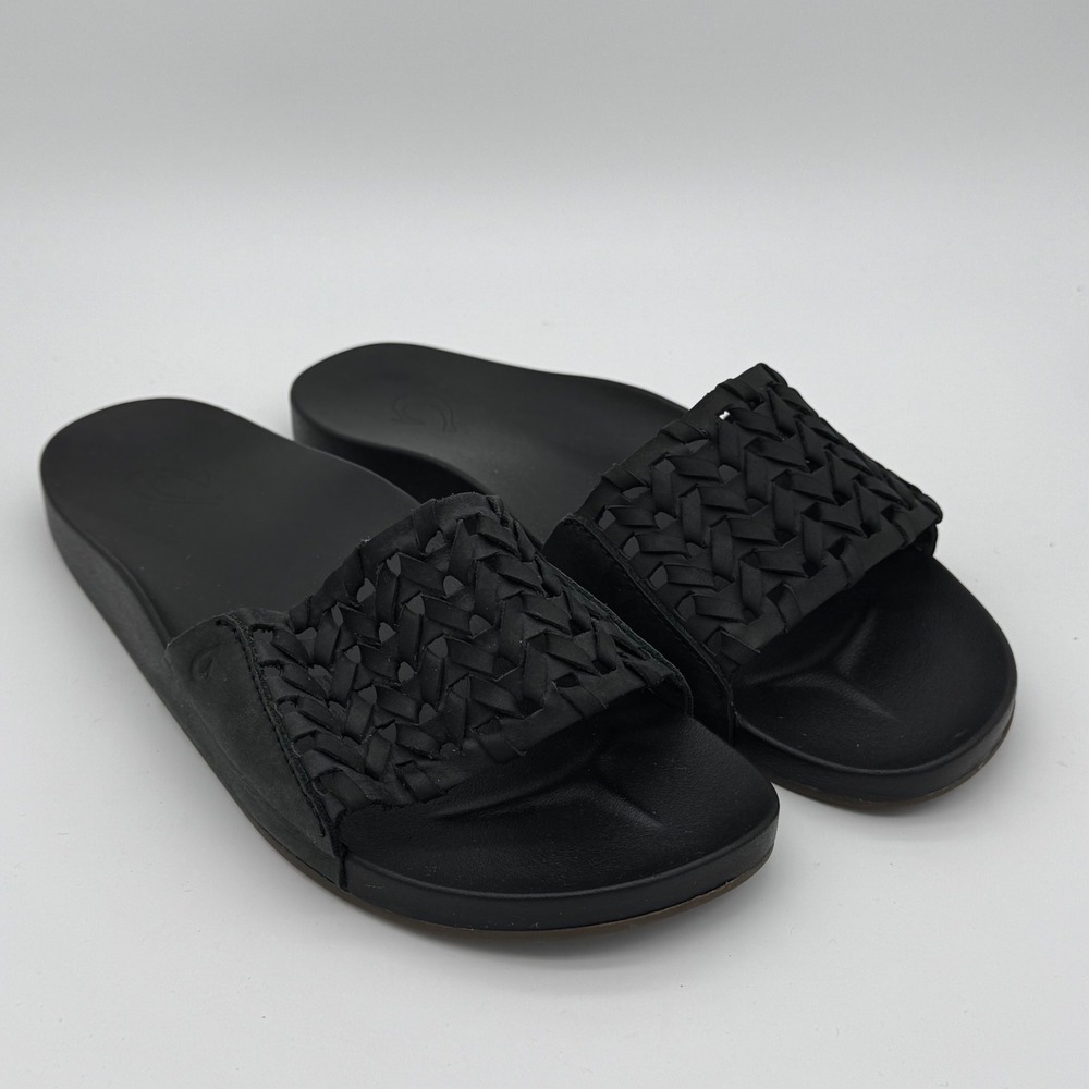 OluKai Kipea Heu Black Woven Leather Slide Sandals Womens Casual Footwear